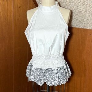 White House Black Market High Neck Peplum Tank Halter Black Embroidery